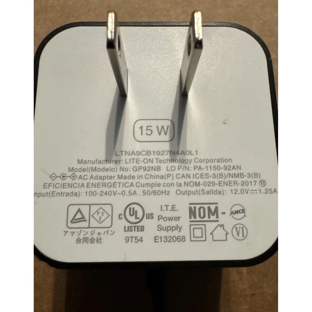 Amazon 15W AC Power Adapter Charger GP92NB 12V 1.25A for Echo Dot Fire TV Black